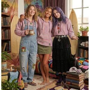 No Bad Days Baja Hoodie Pastel Pink Woven Stripe Surfer Pullover Poncho Size L